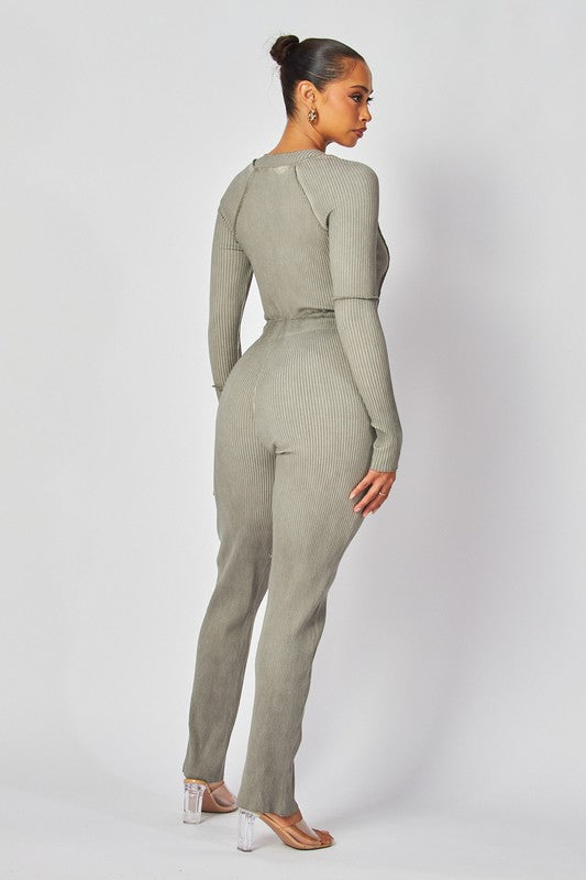 Rib Knit Long Sleeve Tie Waist Jumpsuit