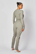 Rib Knit Long Sleeve Tie Waist Jumpsuit