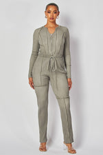 Rib Knit Long Sleeve Tie Waist Jumpsuit