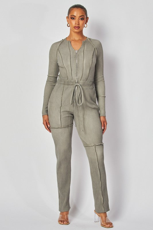 Rib Knit Long Sleeve Tie Waist Jumpsuit