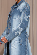 OVERSIZED BUTTON UP DENIM TRENCH COAT WITH CROSS PATCH