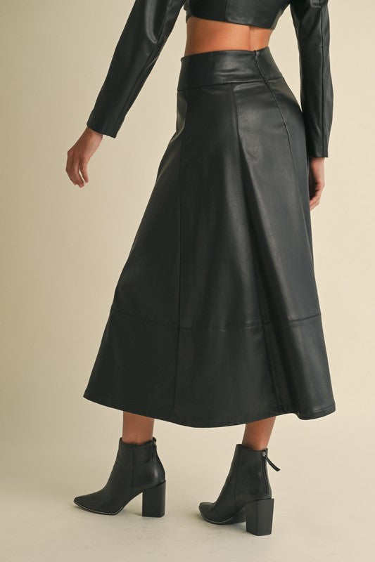 FAUX LEATHER A-LINE MAXI SKIRT WITH MATCHING CROP JACKET