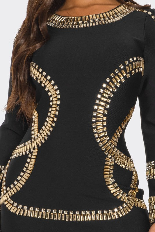 BLACK BANDAGE METALIC GOLD DETIAL MINI DRESS