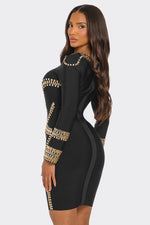 BLACK BANDAGE METALIC GOLD DETIAL MINI DRESS