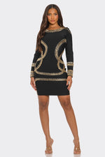 BLACK BANDAGE METALIC GOLD DETIAL MINI DRESS