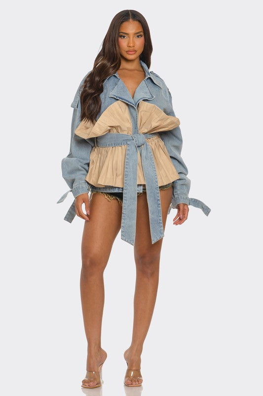 Pleated Contrast Denim Jacket