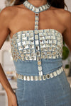 DIAMOND STUDDED HALTER TOP DENIM  FLARE JUMPSUIT