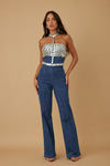 DIAMOND STUDDED HALTER TOP DENIM  FLARE JUMPSUIT