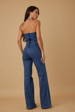 DIAMOND STUDDED HALTER TOP DENIM  FLARE JUMPSUIT