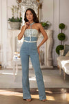 DIAMOND STUDDED HALTER TOP DENIM  FLARE JUMPSUIT