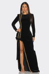 GOLD CHAIN EMBELLISHED SOLID VELVET MAXI DRESS