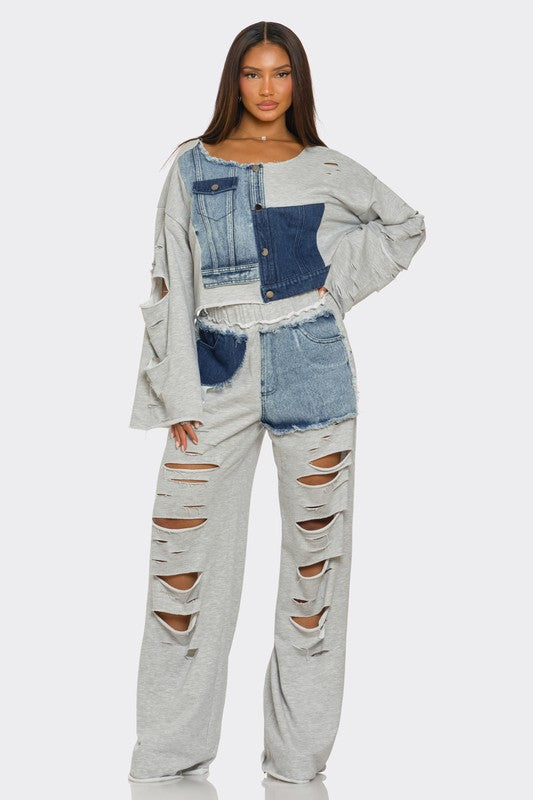 PATCHWORK DENIM JOGGER SET