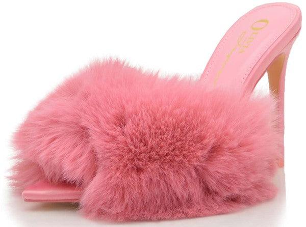 WOMENS FURRY FUR POINTY TOE STILETTO SLIDES