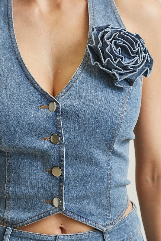 ROSETTE DENIM VEST WITH CARGO JEANS 2-PC SET