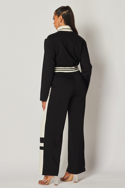 Fine Stripe Color Block Track Jumpsuit