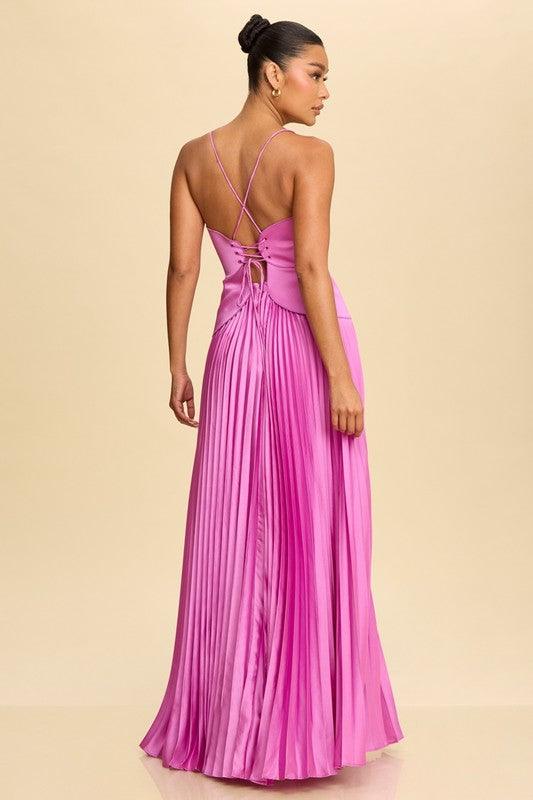 PLEATED MAXI LACE BACK DRESS