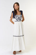 EMBROIDERED SHOULDER BOW TIE MAXI DRESS