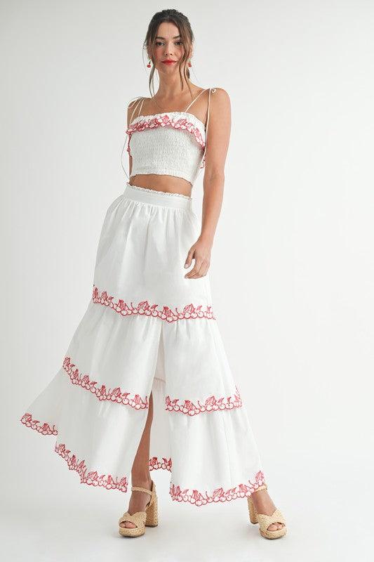 Embroidery Smocked MAXI SKIRT ADN TOP WITH CHERRIE DETAILS