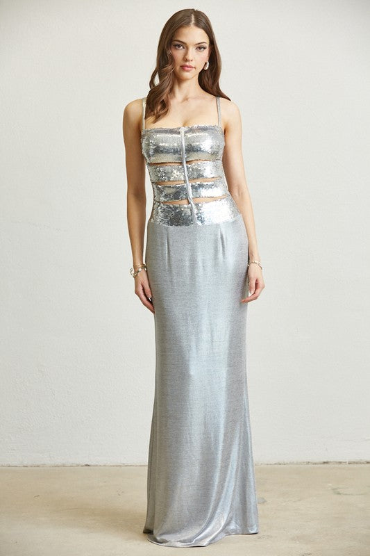 SEQUIN CUTOUT METALLIC MAXI DRESS