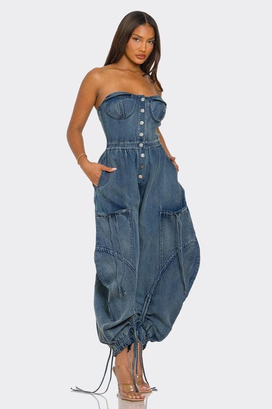 Corset Denim Drawstring Jumpsuit