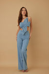 SINGLE STRAP WRAP FLOWER DENIM PANT SET