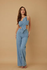 SINGLE STRAP WRAP FLOWER DENIM PANT SET