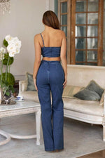 SINGLE STRAP WRAP FLOWER DENIM PANT SET