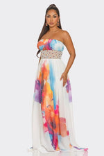 OFF-SHOULDER SLEEVELESS COLORFUL PRINTED  MAXI DRESS