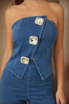 TRIO CRYSTAL STONE STRAPLESS  DENIM JUMPSUIT