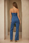 TRIO CRYSTAL STONE STRAPLESS  DENIM JUMPSUIT