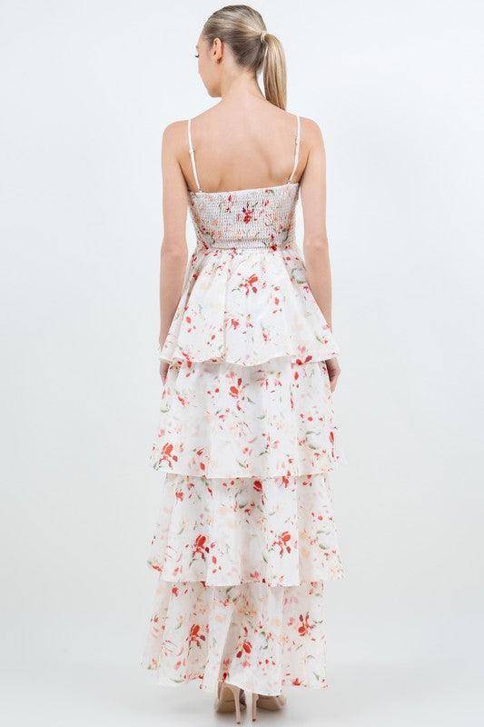 FLORAL TIERED TIE FRONT SMOKED BACK MAXI DRESS