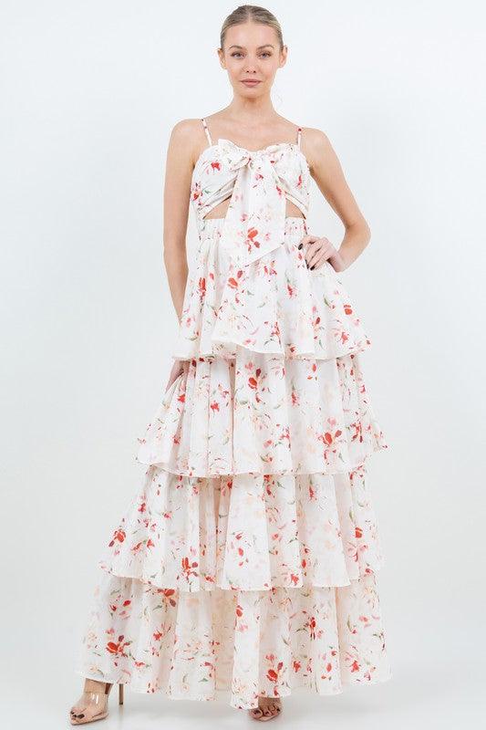 FLORAL TIERED TIE FRONT SMOKED BACK MAXI DRESS