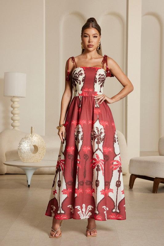 SHOE TIE PRINTED MAXI DRESS