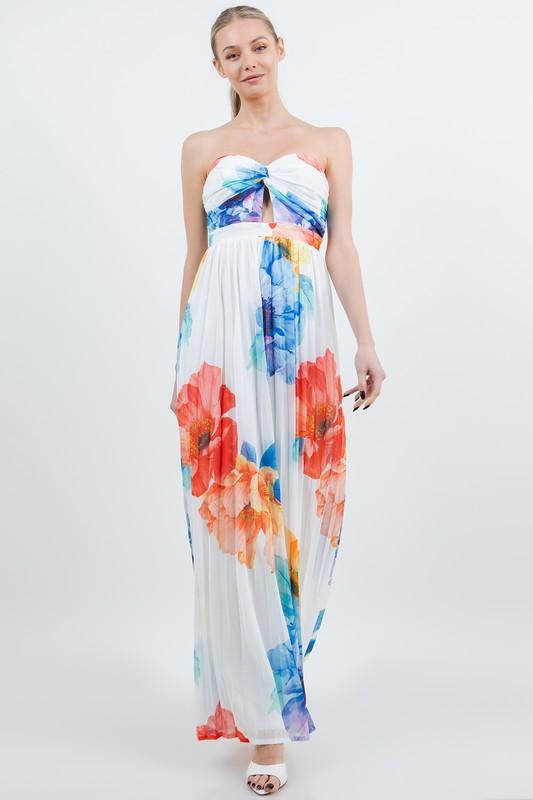 FLORAL PLEATED STRAPLESS WIDE LEG JUMPSUIT