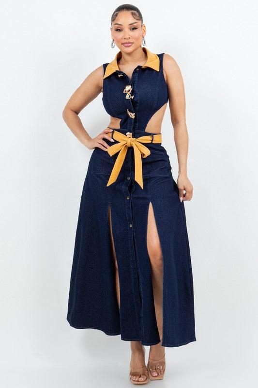 Denim Maxi Dress with Slits open waist