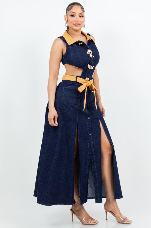 Denim Maxi Dress with Slits open waist