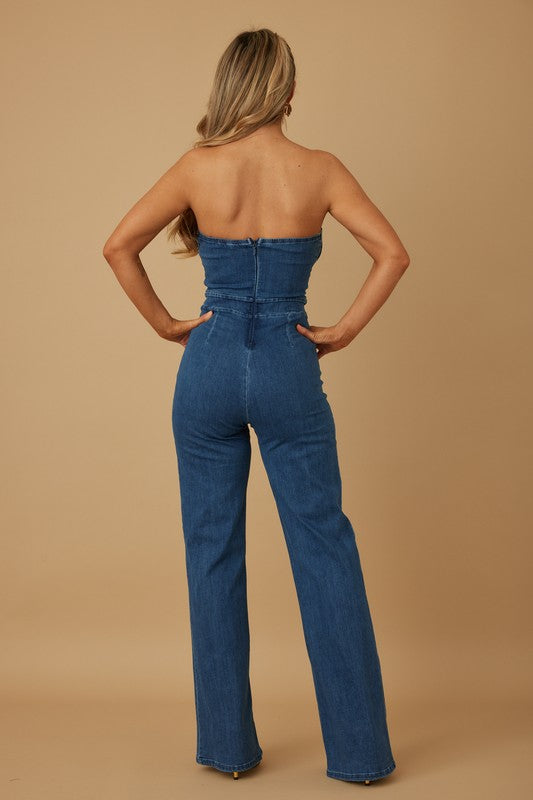 DENIM SWIRL SWEETHEART  FLARE JUMPSUIT