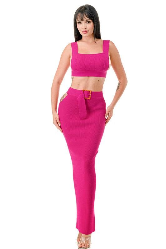 Squared Neck Crop Top and Maxi Skirt Set - PRIVILEGE 