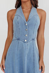 COLLARED HALTERNECK V NECKLINE DENIM MAXI DRESS WITH FRONT BUTTONS AND OPEN BACK