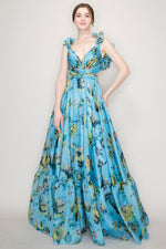 Organza Ruffle Shoulders Floral Tulle Maxi Dress