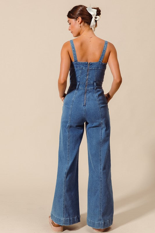 WIDE LEG BOOTCUT DENIM JUMPSUIT WITH BACK ZIPPER