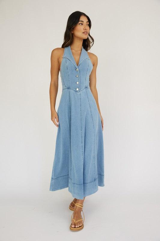 COLLARED HALTERNECK V NECKLINE DENIM MAXI DRESS WITH FRONT BUTTONS AND OPEN BACK