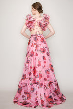 Organza Ruffle Shoulders Floral Tulle Maxi Dress