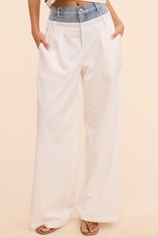 DENIM WAISTBAND SOLID WIDE LEG TROUSER PANT