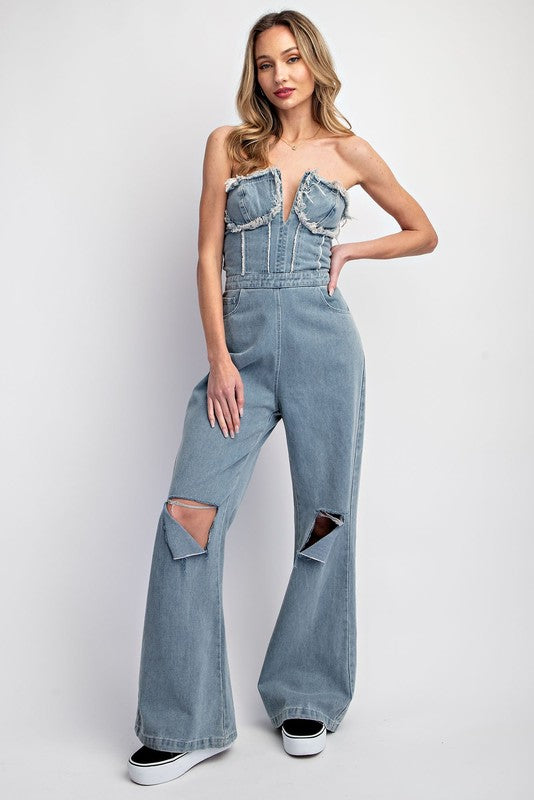 TUBE DISTRESSED DENIM JUMPSUIT - PRIVILEGE 