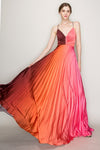 Ombre satin pleated back cut out maxi dress