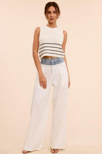 DENIM WAISTBAND SOLID WIDE LEG TROUSER PANT