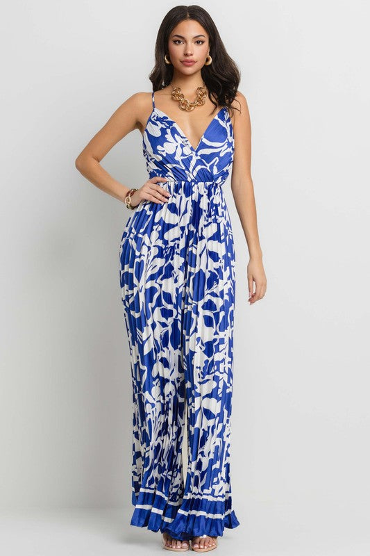 PRINTED V-NECK OPEN BACK PLEATED JUMPSUIT - PRIVILEGE 