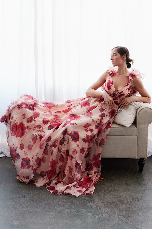 Organza Ruffle Shoulders Floral Tulle Maxi Dress