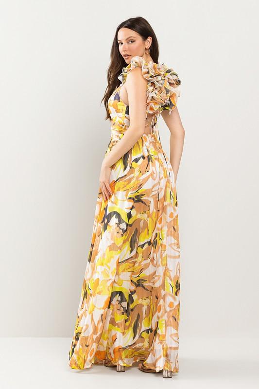 RUFFLED SHOULDER MAXI DRESS OPEN BACK - PRIVILEGE 